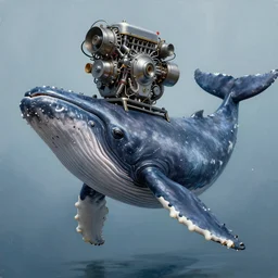 a creature with a race car motor engine as its head and the body of a cachalot. a highly detailed, photorealistic painting, an unreal creature, a cachalot whale, a marine creature, 8 k, cyber - punk