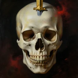 closeup portrait shot of a man half face skull, dust particles, red ash floating, golden dagger inside of head, painting by beksinski