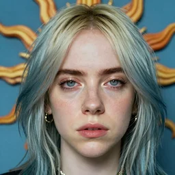 detailed portrait of Billie Eilish as the goddess of the sun, with anxious, piercing eyes