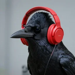 crow in red headphones