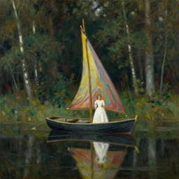 oil painting by anders zorn, wild forest, very very very very beautiful art, dramatic light, strong shadows, reflections, boat with colorful sail and white dress