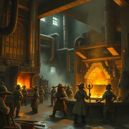 a fantasy factory, numerous halfling workers with apron, metal melting furnace and immense forge, realistic shaded lighting poster by craig mullins and john berkey, cinematic light, digital art, art station trends