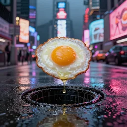a fried egg hovers over an open sewer, times square, night time, raining, neon light, romantic, ultra realistic, unreal engine, 4k, artstation