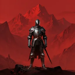 horror art, solo knight, red peaks in the background, art by greg rutkowski