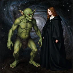 a goblin monster and a woman in a black cloak, in a nebula, by Matthias Grünewald