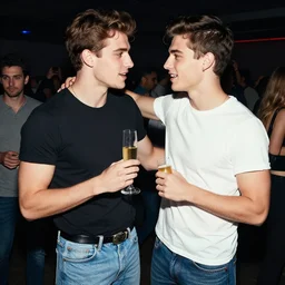 a very handsome young man is flirting with another very handsome young man at a party. jeans and tshirt, 1 9 7 5