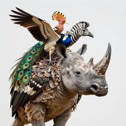 a high resolution realistic close up photo portrait of a rhino birdlike creature made of birds merged, bower bird creature kangaroo wrinkles pheasant, complex feathers exotic morphing hoopoe, zebra morphing wings king vulture head