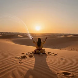 sunset in a desert, shaman doing a ritual, energy streams, magic, drawing by moebius