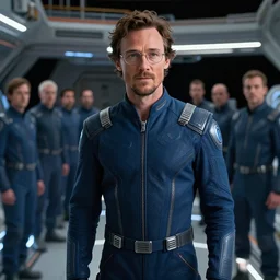 cinematic portrait of matthew mcconaughey in dark blue futuristic jumpsuit, wearing glasses, space station at background, high detail, 8 k, sharp focus, movie still, dramatic lighting, ray tracing, smooth, lane brown, finnstark, oleg bulakh, diego fazio, mike dargas, emanuele dascanio, felix englund, michal karcz