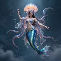 Full body photo of the most beautiful goddess, she has a jellyfish-phoenix head's and a siren body, some tentacles are touching her, she flying to heaven, by Tooth Wu, trending on Artstation, digital art, symmetrical artwork, cinematic, hyper realism, high detail, octane render, 4k, 8k