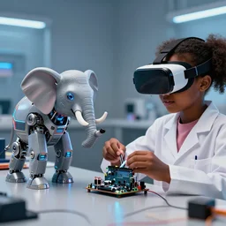a 3 d render of a black boy kid using a diy vr glasses arduino, a black girl kid scientist is constructing a elephant robot, futuristic, cyberpunk, xenomorphic, arduino, biomechanical, photorealistic, ultra detailed, 4 k, chromatic aberration, dof