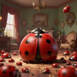 a portrait of an antique family room. there is an infestation of cut ladybugs that covers everything in the room. thousands and thousands and thousands of ladybugs everywhere, but they're cute. digital art, highly detailed, dramatic lighting, bokeh, dof, artstation, award winning.