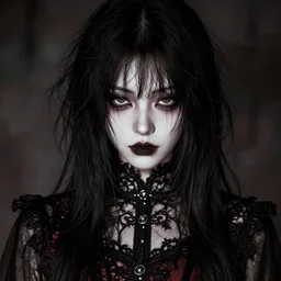portrait of disheveled japanese goth girl, beautiful face, strong line, muted colors, filigreed clothing, moody lighting, high contrast, by brom, by junji ito