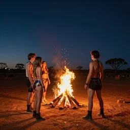 photograph of three ravers, two men, one women, photographed from behind, talking around a fire, photorealistic, dancefloor kismet, diverse costumes, clean composition, desert transition area, bonfire, night, australian desert, xf iq 4, symmetry, sony a 7 r, 1 5 0 mp, 5 0 mm