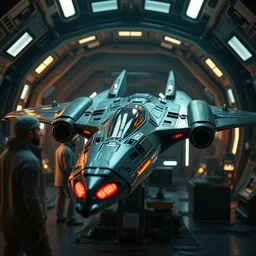 ( cyberpunk 2 0 7 7, bladerunner 2 0 4 9 ) in focus detailed background, scientists creating an artificial alien highly detailed futuristic biomechanical thick smooth quad wing combat spaceship inside spaceship lab, 8 k, photographic, octane render, photorealistic, render by stephen martiniere, brian sum and annie leibowitz, the movie by ridley scott
