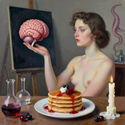 feminine, portrait in a female art student's apartment, pancakes, sensual, woman holding a brain reaching out from inside a painting, berries, octopus, scientific glassware, art supplies, a candle dripping white wax, berry juice drips, neo - expressionism, surrealism, by magritte, acrylic and spray paint and oilstick on canvas