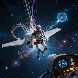 dark aeronautical theme foreground : a beautiful robot fighter pilot is piloting, suspended by luminous intricate organic and colorful electric cables and wires and fibers to the jet cockpit with dials and lights and gauges and radar, experiencing the quantum field cinematic highly detailed realistic beautiful cosmic neural network o