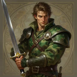 a portrait of a male warrior, wearing green camouflage, holding a sword, deep focus, d & d, fantasy, intricate, elegant, highly detailed, digital painting, artstation, concept art, matte, sharp focus, illustration, hearthstone, art by artgerm and greg rutkowski and alphonse mucha