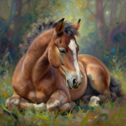 sleepy pegasus foal. gouache fairytale art, russian romanticism, muted palette, psychedelic art, backlighting, depth of field