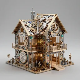 beautiful house made of mechanical watch parts, gears, cogs, jewels, architectural render, by jaroslaw jasnikowski, by gabriel dawe, by skottie young, by jessica rossier, by isaac cordal, metal architecture, trending on artstation, photorealistic, 8 k, role, x tag her, breitling, jacob & co