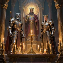 paladin and magic user in a highly detailed holy temple, altar, candles, beautiful, high fantasy, colorful, highly detailed faces, high details, ornamental, exquisite, sharp focus, chiaroscuro, dnd, digital painting