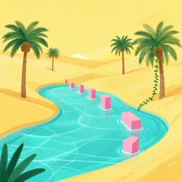 illustration of an oasis in a desert, stylized. Hot yellow sand with cyan water with white lines of refraction. Palm trees surround the oasis. Pink blocks are rising out of the water in a row leading from near to far, with vines hanging off them