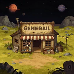 in front of a general store in a remote outpost, on an alien planet, from a space themed point and click 2 d graphic adventure game, set design inspired slightly by hg giger and tomb raider, art inspired by [ [ [ thomas kinkade ] ] ] and greg rutkowski