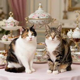 two calico cats and one tabby cat attend a fancy english tea party, flickr explore