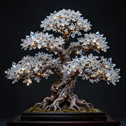 evil wicked bonsai tree, glowing branches and crystals leaves, nacreous lights