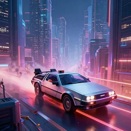 delorean in a cyberpunk city with skyscrapers, delorean is far away, artstation award winner, digital art, volumetric lighting, neon colors, octane render