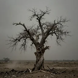 a withered fig tree, desolate, ugly, decomposing, dust particles, sad, somber award winning nature photography, highly detailed,