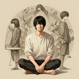 concept art, pretty, pretty man sitting, biege background, junichi higashi, isamu imakake, intricate, balance, ultra detailed, full far frontal portrait, artgem