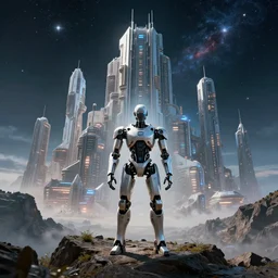 a huge sci - fi city with a robotic man standing portrait in front of the image on a mountain, 4 k photorealistic, 8 k, nasa, space, stars