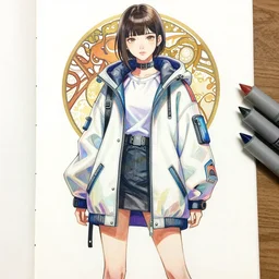a color sketch of a futuristic streetwear anorak for a japanese woman! dream a copic maker realistic portrait of kpop idol girl by yoshiyuki sadamoto, alfons mucha wearing a dark puffy anorak latex pilot suit futuristic and yeezy sneakers chic, zippers, belts & velcro galore, cargo pants chic'techno fashion trend by issey miyake and balenciaga streetwear utility 8