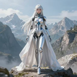 ethereal cybernetic princess in the mountains, extremely detailed, sharp focus, wide view, full body shot, smooth, digital illustration, by james jean, by rossdraws, frank franzzeta, sakimichan