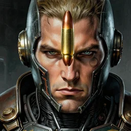 closeup portrait stunning full - color art nouveau action shot of a bullet approaching a head, extremely detailed facial structure, dieselpunk armor, linework, by bill sienkiewicz, travis charest and michael golden, dark sci - fi, deep complexity, superhero character concept art, photorealism, stunning framing, dim volumetric lighting, hyperrealism, 8 k