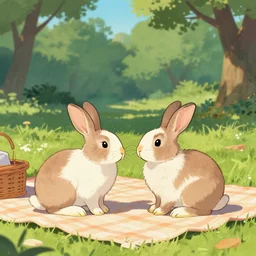 two rabbits in love with each other are having a picnic in the park, retrowave