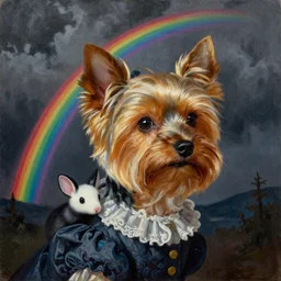 Yorkshire Terrier under a rainbow in the style of Lady with an Ermine, head and shoulders portrait, stormy weather, extremely detailed masterpiece, oil on canvas, low-key neon lighting, artstation, Blade Runner 2049, Roger Deakin’s cinematography, by J. C. Leyendecker and Peter Paul Rubens and Edward Hopper and Michael Sowa,