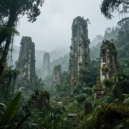 Ruins of a futuristic civilization found in a rainforest, overcast day