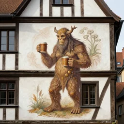 facade of white plaster medieval timber building with a painted mural of a treant holding mugs, fantasy matte painting, intricate elegant detailed digital painting concept art artstation sharp focus, warm lighting - t