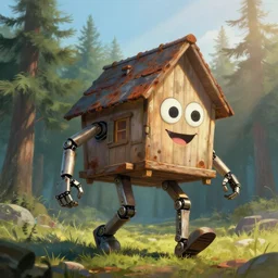 a walking mech wood house with two mechanical legs and two big eye smiling and a roof, rust, hyperrealistic, highly detailed, cinematic, single ray of sun, morning, pareidolia, dynamic composition, from gravity falls, anime style, beautiful, pine trees in the background, cgssociety, artstation, 8 k, oil painting, digital art
