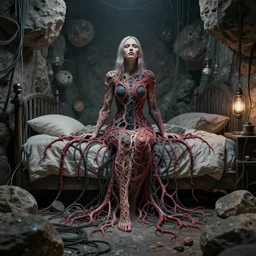rgb, woman, bedroom full of rocks, cinematic, movie scene, inspired by zdzislaw beksinski, clothes made out of veins,, cables everywhere, bedroom, ultra realistic, concept art, intricate details, highly detailed, photorealistic, octane render, 8 k