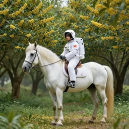 an astronaut rode a white horse in a forest of osmanthus, surreal style, dreamy style