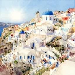 sprawling city of teal stone, sunlight and whimsical houses, santorini towers, digital art by artgerm ( watercolor )