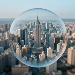 huge city inside a water bubble, via tilt shift photography