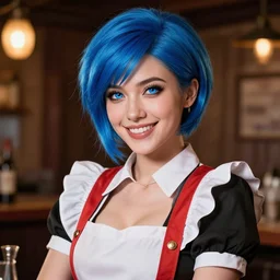 an insanely detailed portrait of a smiling beautiful barmaid with short blue hair working at a rustic saloon, highly detailed features, sparkling blue eyes, long eyelashes, in the style of peter mohrbacher, artgerm, dramatic lighting and composition, octane render, trending on artstation, concept art 8 k