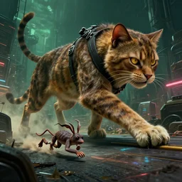 huge 🐈 hunting 🔪, by mark ryden in cyberpunk environment, 4 k ultra high resolution, 🐈 chasing 🐭, horror, long camera shot, tiny 🐭 ❗ fleeing