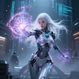 cyberpunk android sorceress casting a magical spell, magic lines of code in the air, special effects, beautiful girl, white hair, cinematic lighting, atmosphere, sparks, energy, digital world, highly detailed, futuristic street, foggy weather, masterpiece, artstation, art by eddie mendoza and leif heanzo