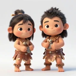 a full - body portrait of little asian cuties caveman, oversized head, smile expression, wearing leather and bark cloth, making stone tool at the river bank, holding stone tool and pebble, giant oversized cute puppy sits behind them, a colorized photo, colorized, # film, movie still