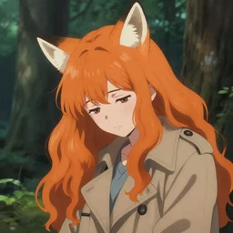 illustration by shigenori soejima, by tatsuki fujimoto, by yoji shinakawa, tired girl with fox ears, long wavy orange hair, light brown trenchcoat, forest background, focus on face, pretty, moody lighting, painterly